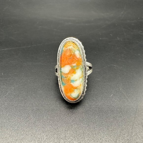 Boho Ring Southwest Festival Orange Silver Toned Oval Shape Western Size 6.75 - Picture 3 of 7